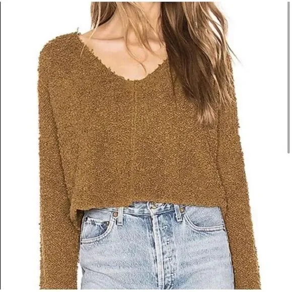 Free People Womens Cognac Brown Oversized Crop Fuzzy Popcorn Knit Sweater Medium - Picture 2 of 11